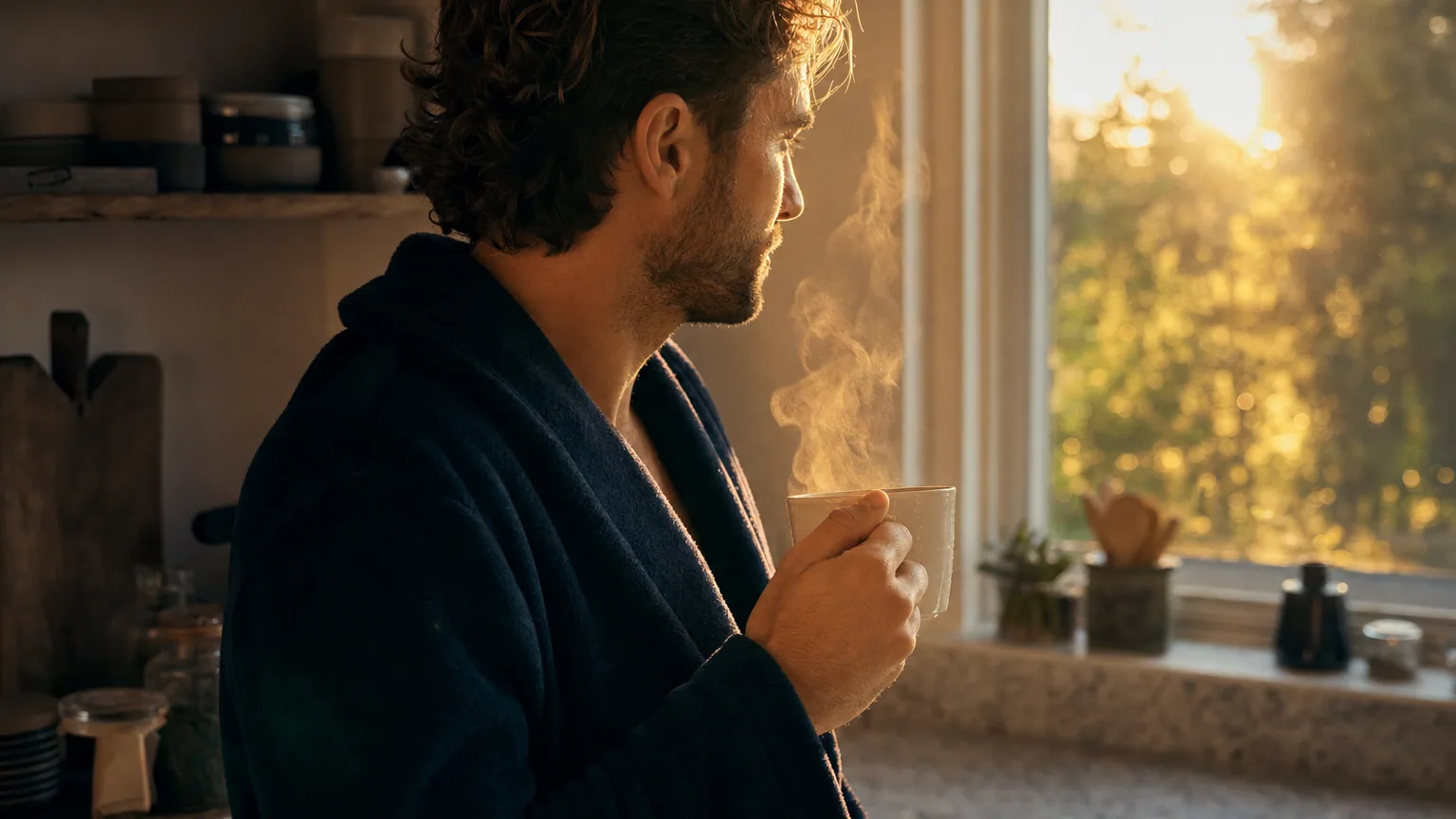 Une personne tient une tasse de café fumante dans une cuisine éclairée par la lumière du matin.
