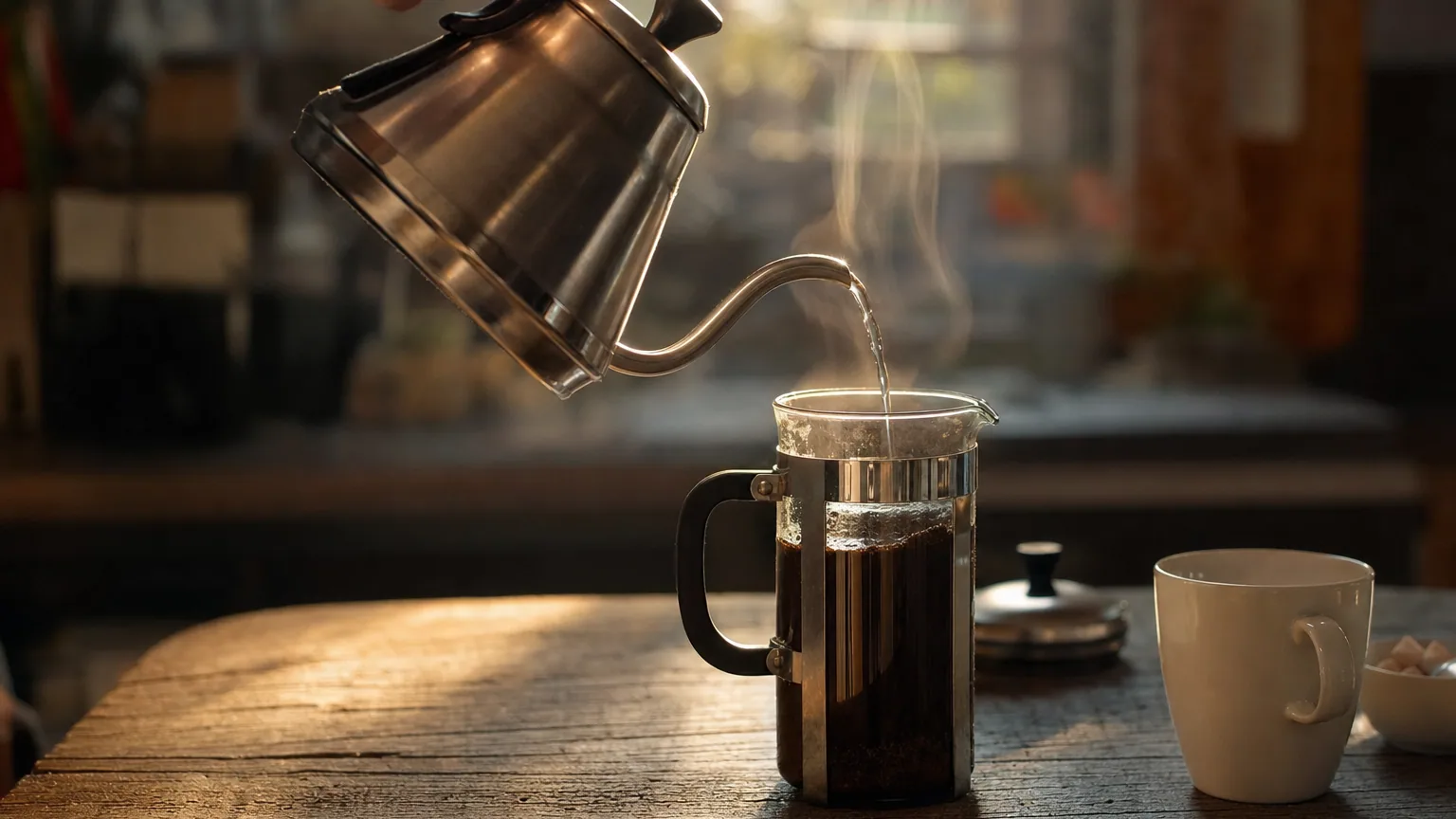 Préparation d'un café à piston dans une cuisine au lever du jour, vapeur éclairée par la lumière du matin.
