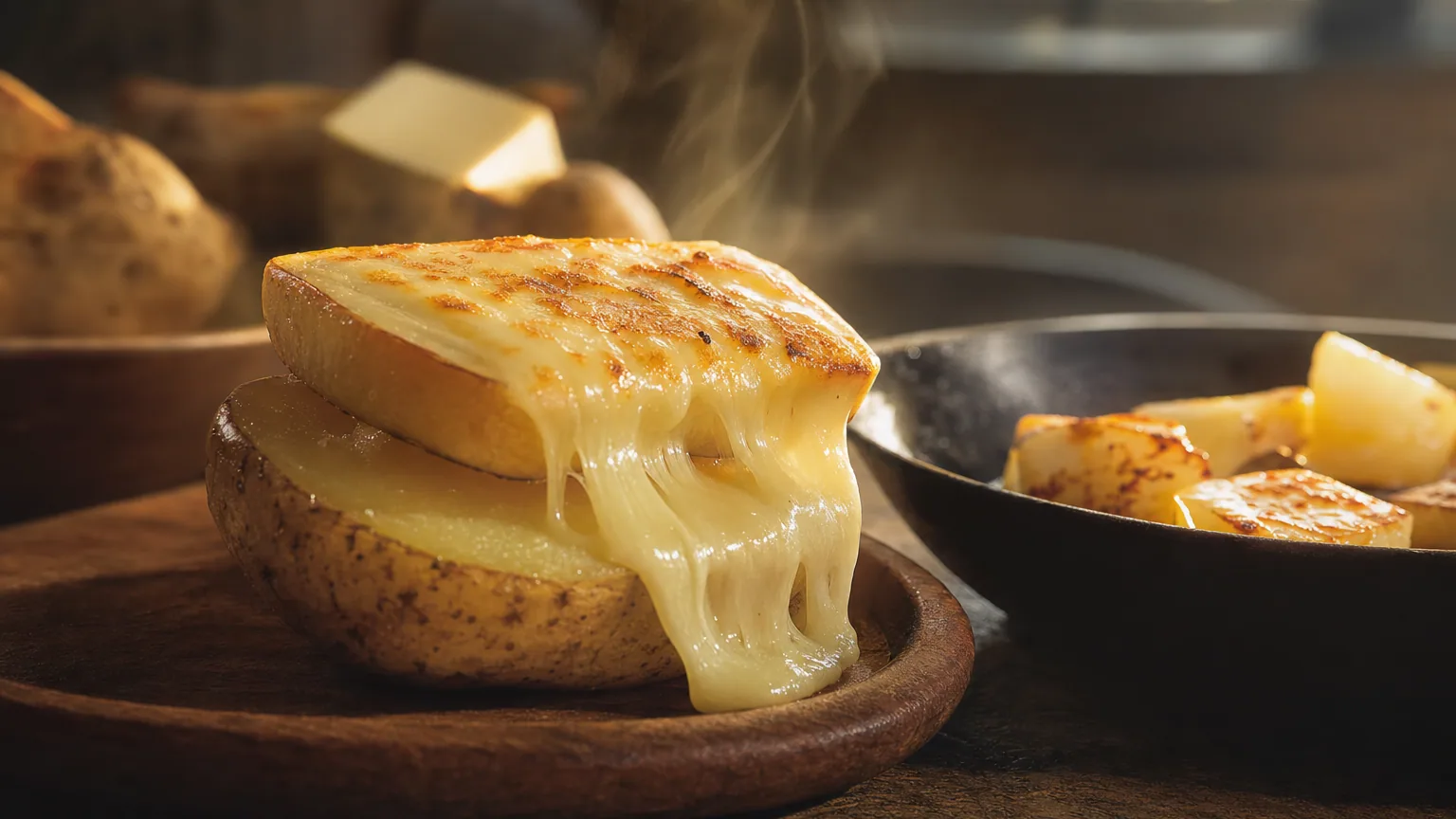 Tranche de fromage à raclette fondant en filaments à côté de cubes de fromage grillés restés fermes dans une poêle en fonte.