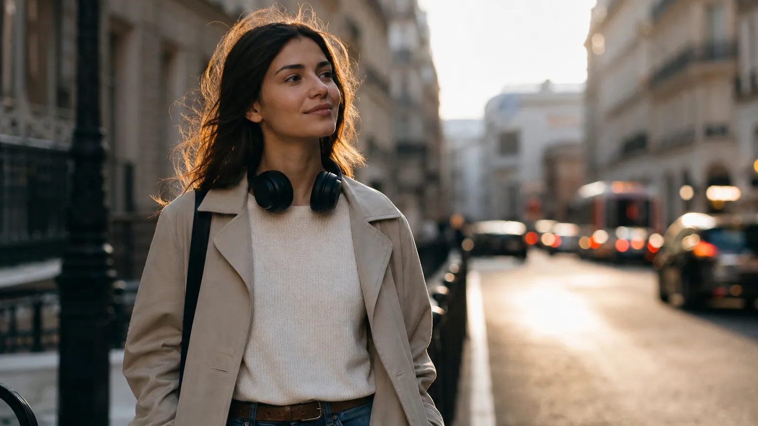Une jeune femme marche dans une rue ensoleillée, écouteurs autour du cou, le regard absent et un léger sourire, comme habitée par une mélodie qui tourne dans sa tête.