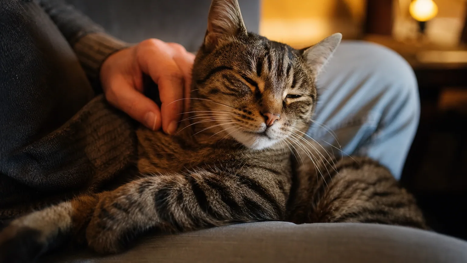 Un chat tigré aux yeux mi-clos, lové sur les genoux d'une personne qui le caresse, dans la lumière chaude d'un salon en fin d'après-midi.