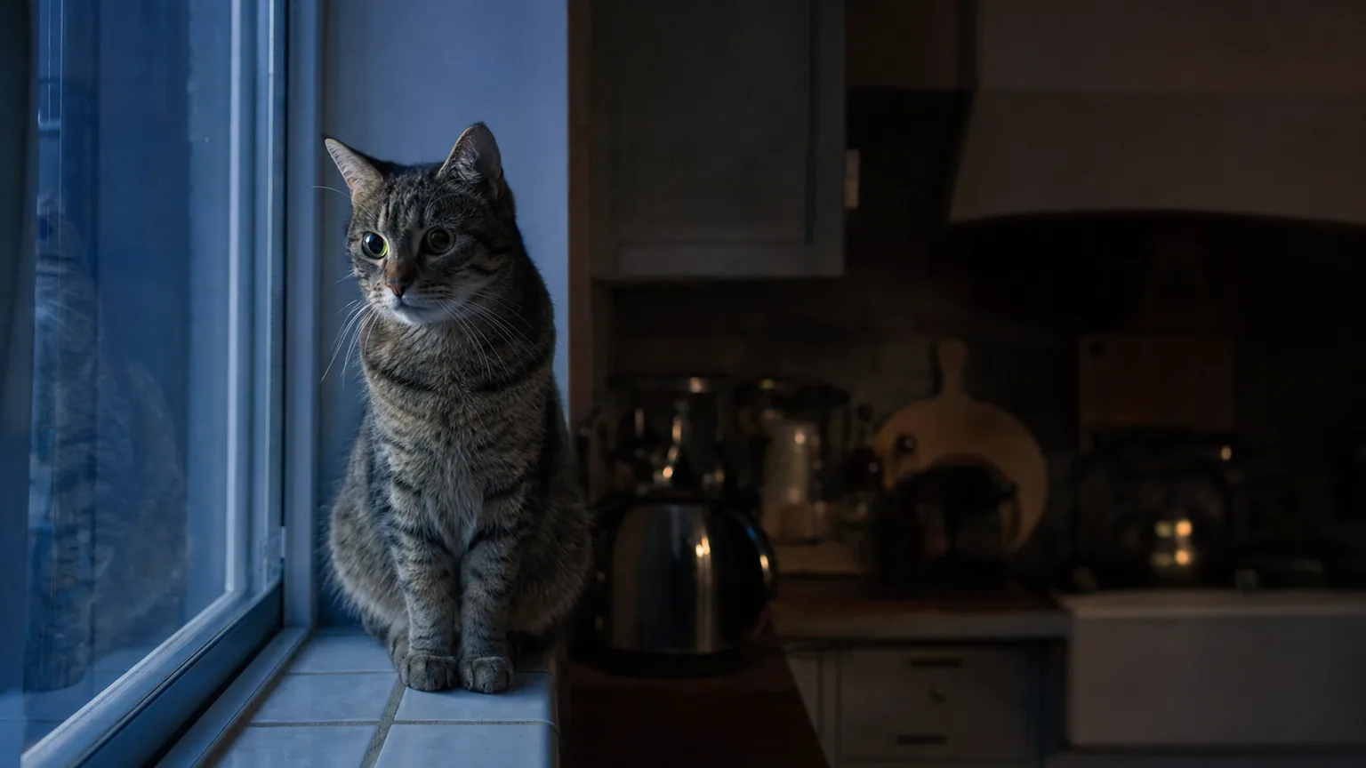 Un chat tigré aux pupilles dilatées guette dans une cuisine plongée dans la pénombre, ses yeux captant un faible reflet verdâtre.