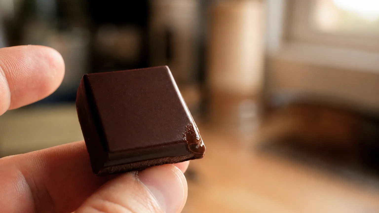 Un carré de chocolat noir tenu entre des doigts, son coin inférieur commençant à fondre sous la chaleur de la peau.