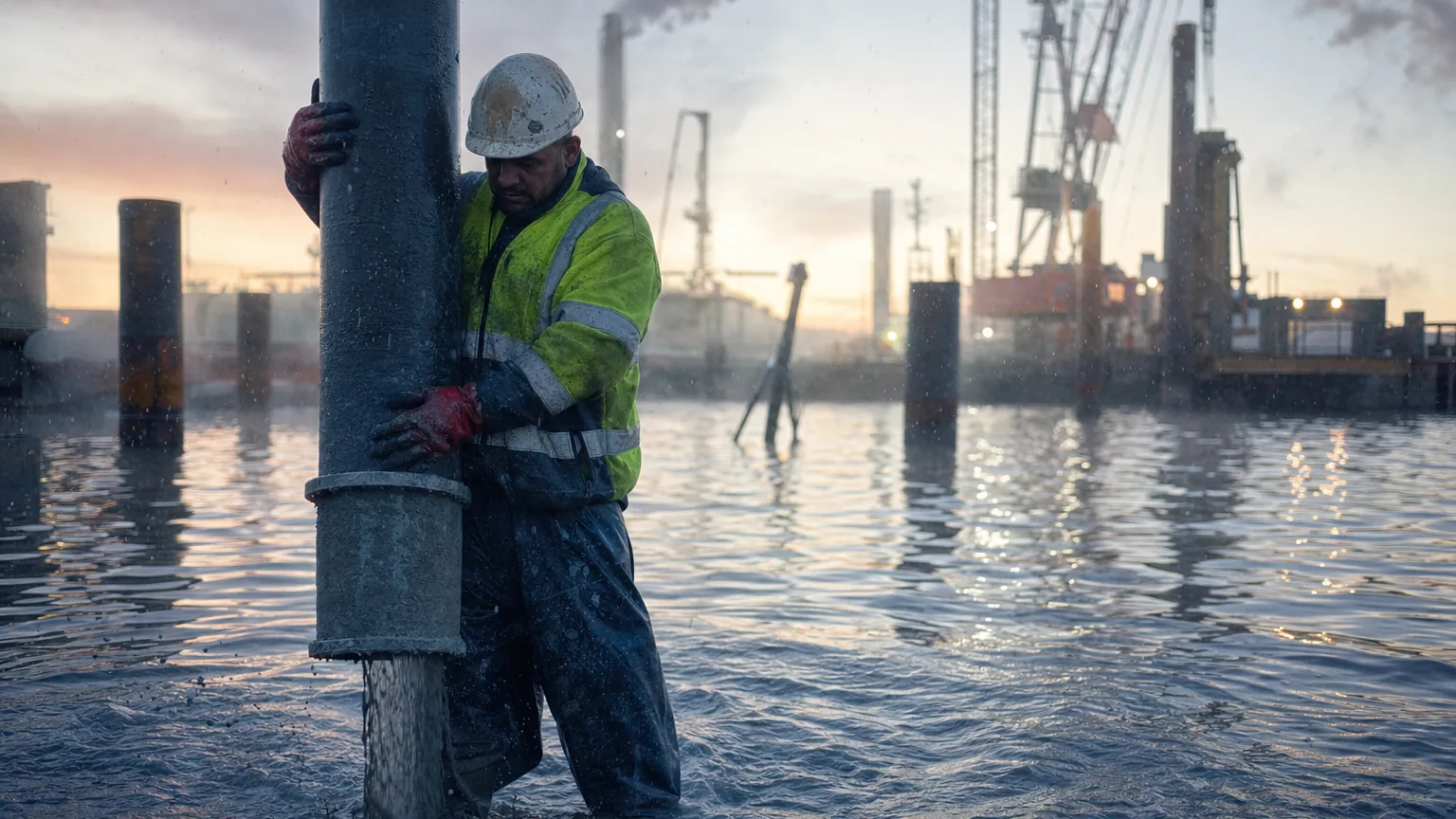 Un ouvrier guide le coulage de béton frais sous l'eau sur un chantier portuaire au petit matin.
