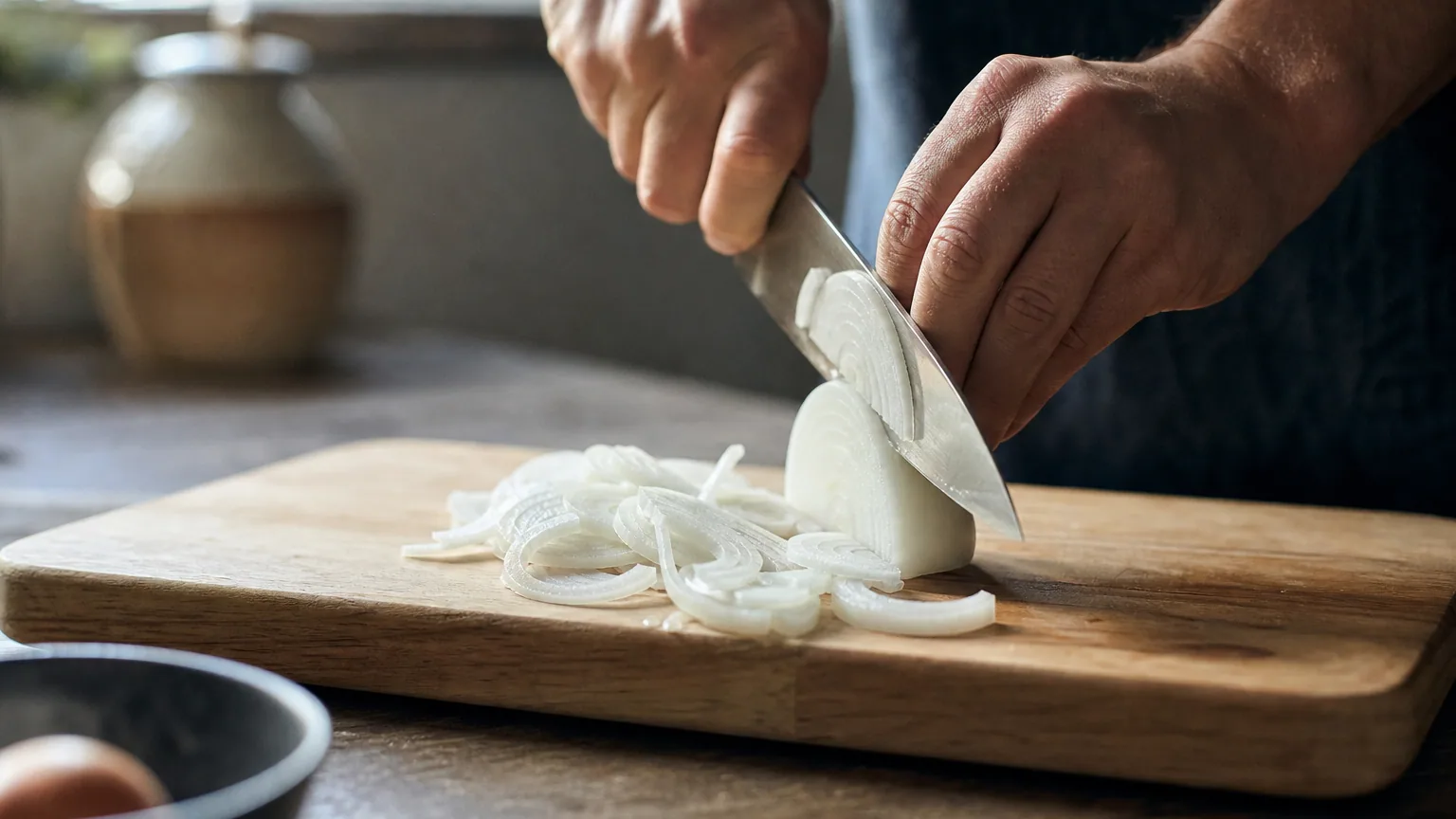 Mains coupant un oignon blanc en deux sur une planche en bois, fines lamelles translucides et couteau de cuisine, lumière de fenêtre.