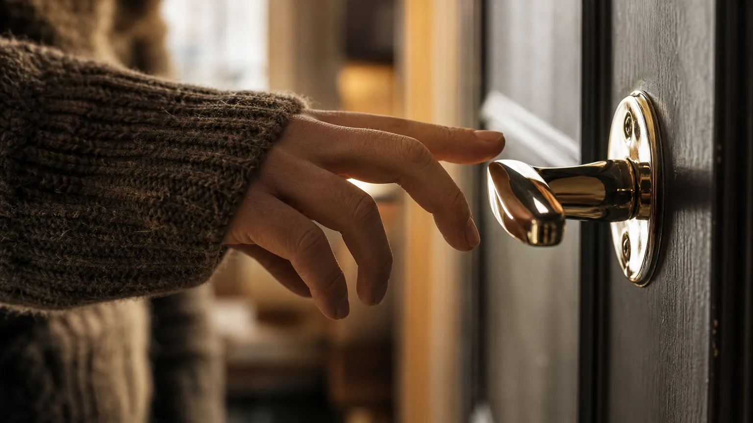 Un doigt s'approchant à quelques millimètres d'une poignée de porte métallique dans la lumière douce d'un intérieur d'hiver.