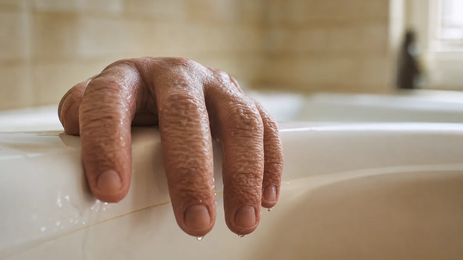 Bout des doigts d'une main plissés et ridés au sortir d'un bain prolongé, avec des gouttes d'eau.