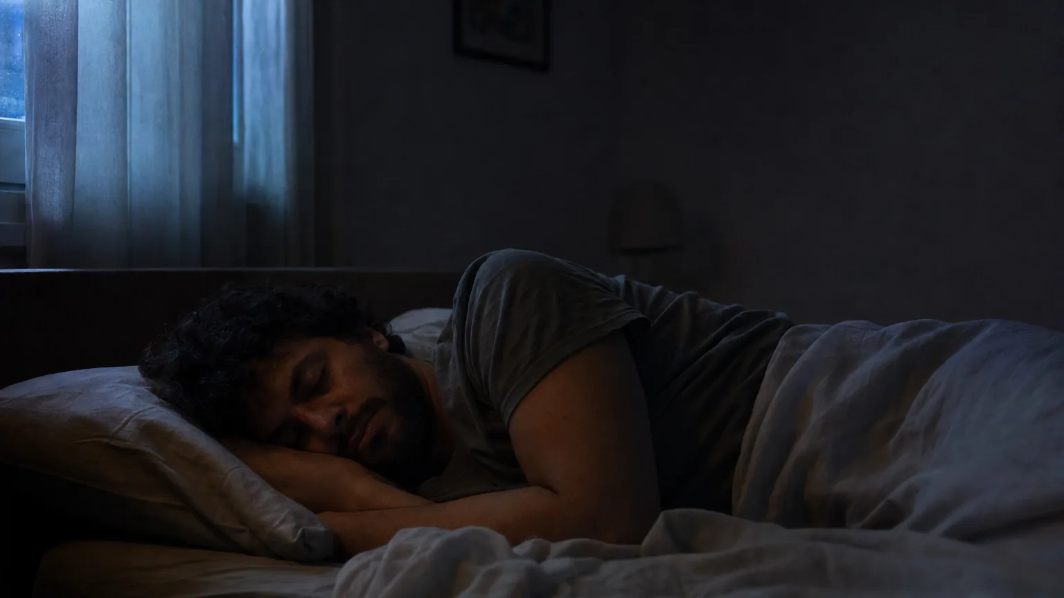 Une personne adulte endormie sur le côté dans une chambre faiblement éclairée par la lumière bleutée de la rue.