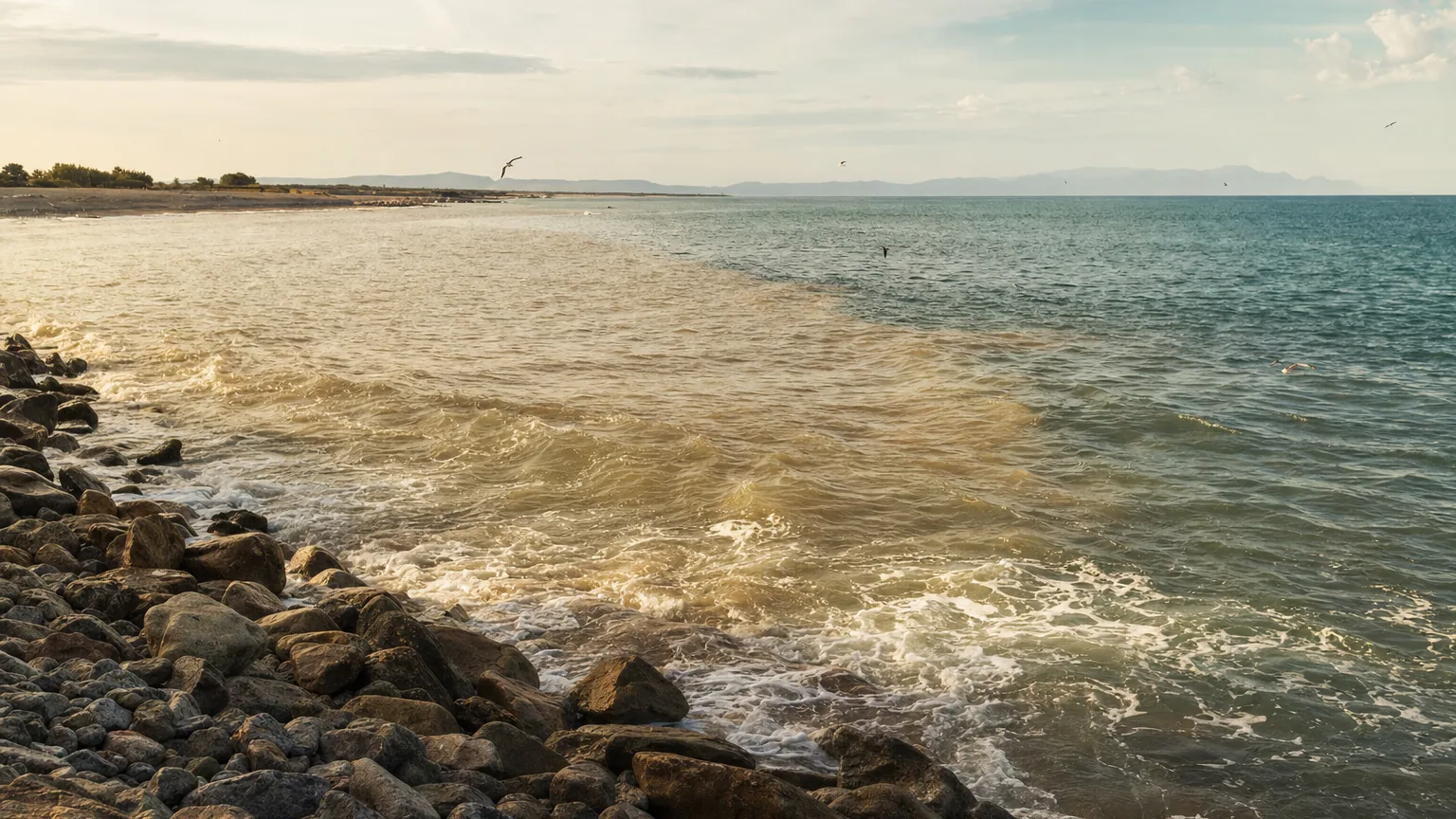 Embouchure d'un fleuve se mêlant à l'eau de mer sur une rive de galets, à la lumière de fin de journée.