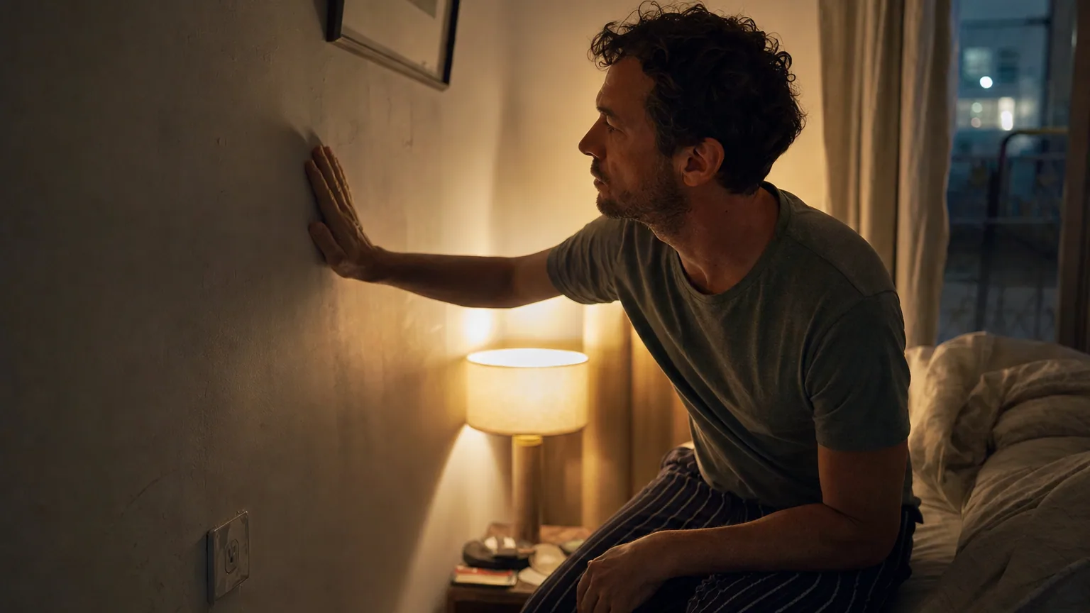 Un homme assis dans une chambre sombre pose la main contre le mur mitoyen pour sentir les vibrations sonores la nuit.
