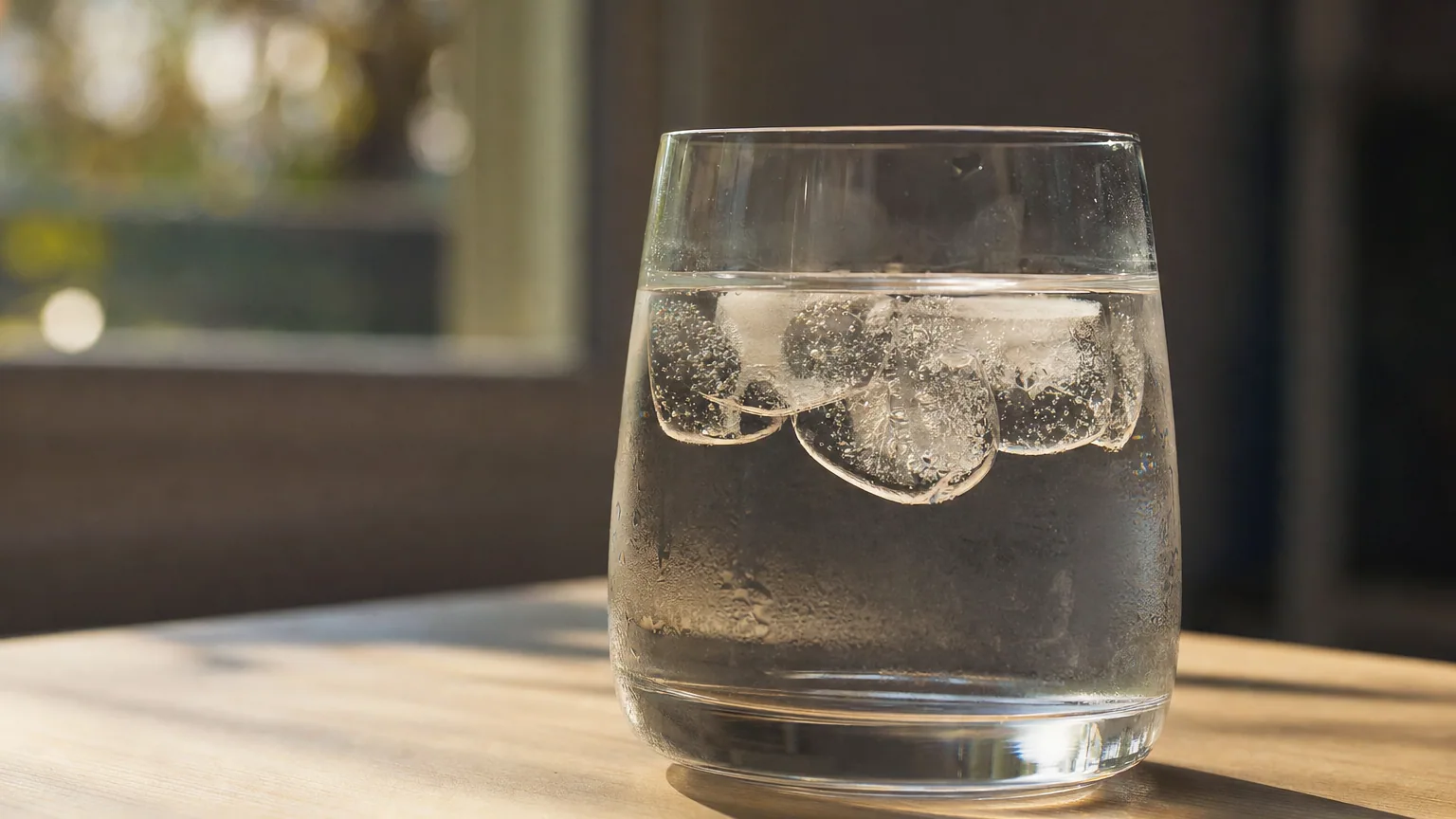 Glaçons translucides flottant à la surface de l'eau dans un verre, près d'une fenêtre.