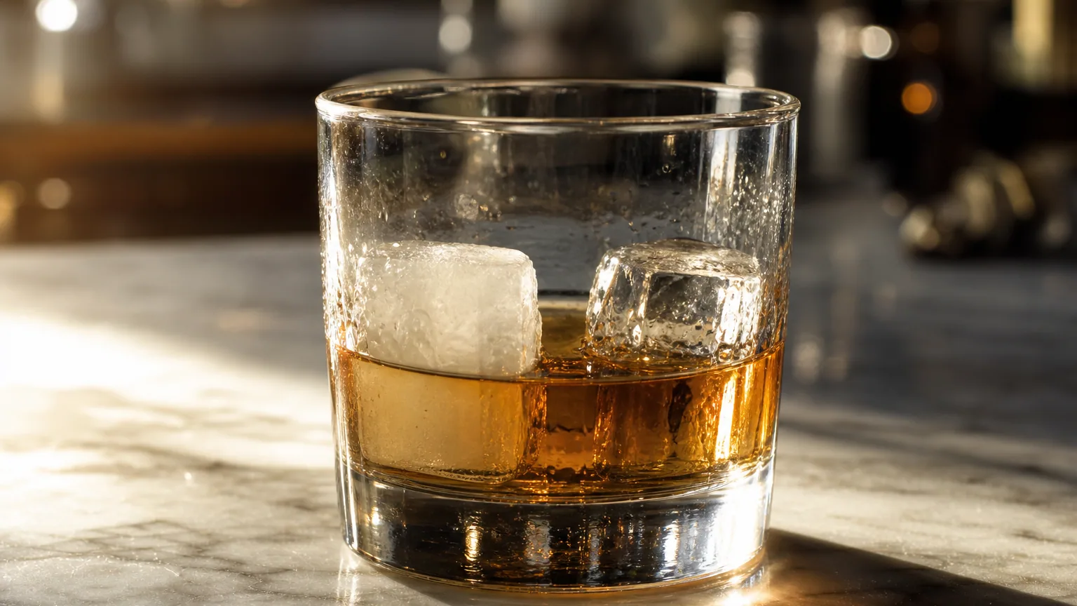 Gros plan de glaçons dans un verre : un cube maison au cœur blanc laiteux à côté d'un glaçon parfaitement transparent.