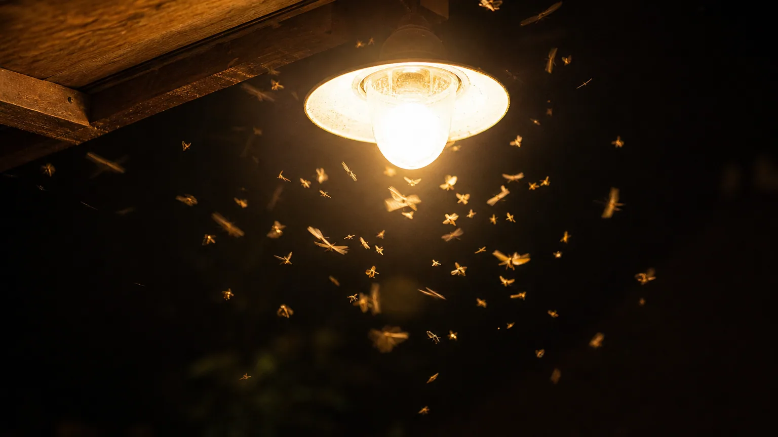 Un halo de petits insectes ailés tournant autour d'une ampoule allumée dans la nuit d'été, traînées de vol floues autour de la lumière chaude sur fond sombre.