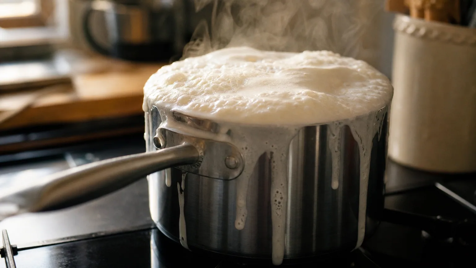 Casserole en inox sur une plaque de cuisson où le lait monte en mousse blanche et déborde sur le bord, gouttes glissant le long de la paroi, lumière de cuisine.