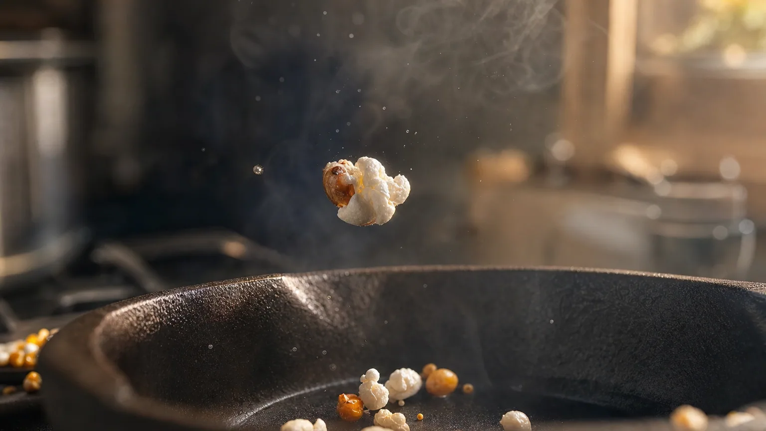 Un grain de maïs en train d'éclater au-dessus d'une poêle chaude, libérant de la vapeur.