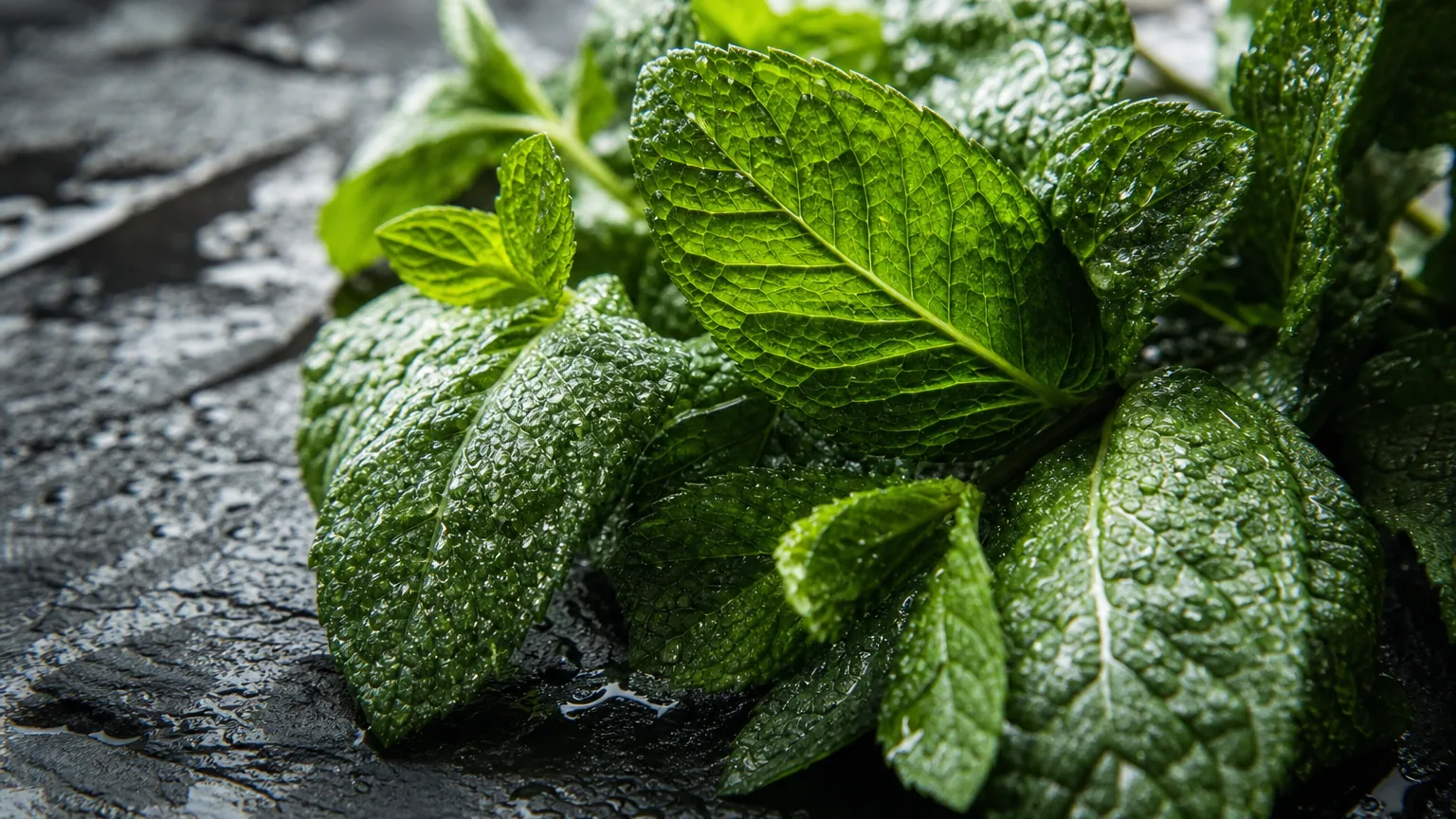 Gros plan de brins de menthe fraîche d'un vert intense, couverts de gouttelettes d'eau, posés sur une ardoise sombre humide.