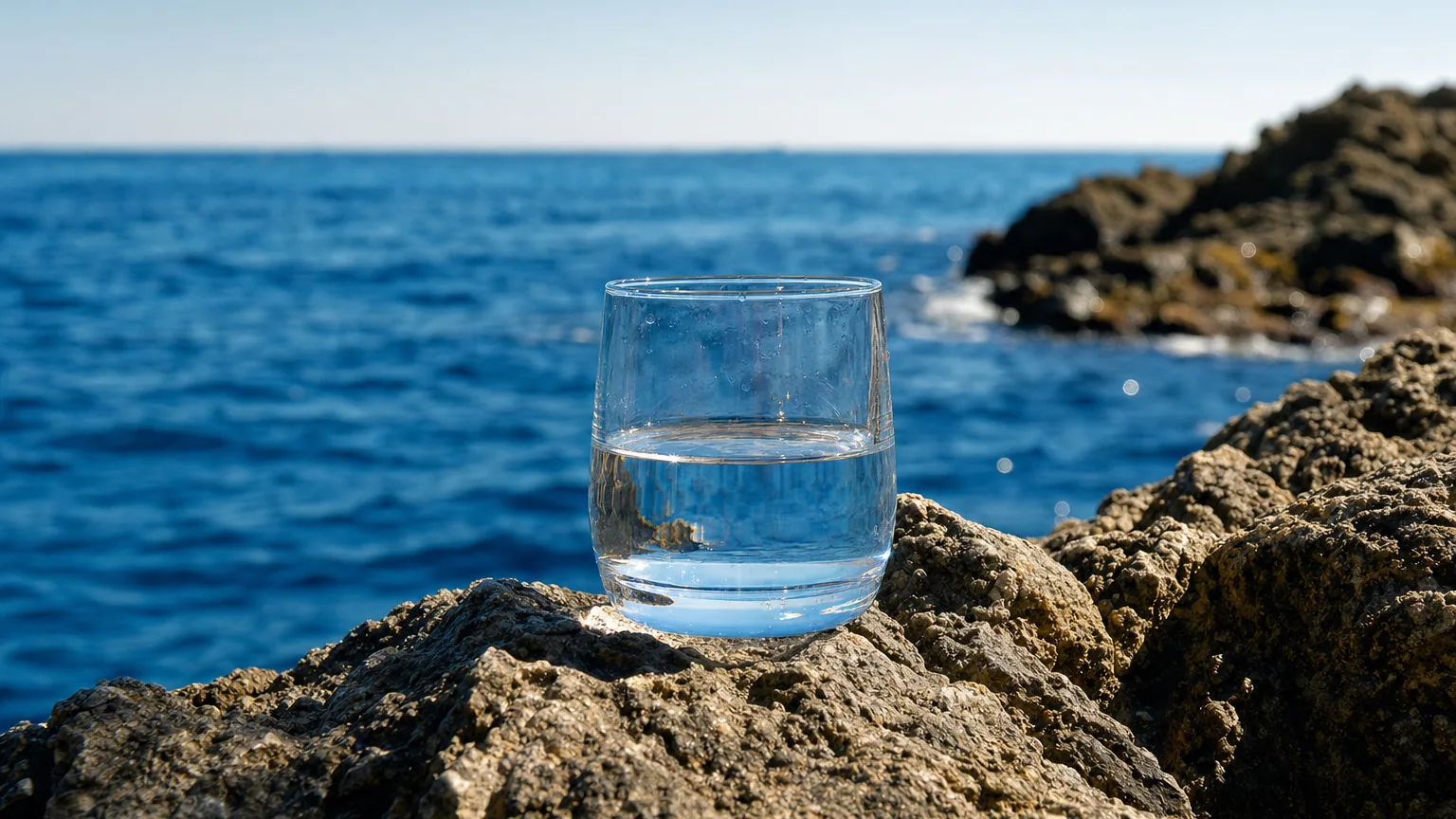 Un verre d'eau limpide posé sur un rocher devant une mer d'un bleu intense par temps ensoleillé.