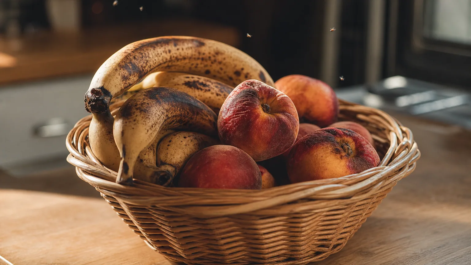 Gros plan sur une corbeille de fruits mûrs, bananes tachées et pêches, posée sur une table de cuisine ensoleillée, avec quelques minuscules moucherons en vol autour.