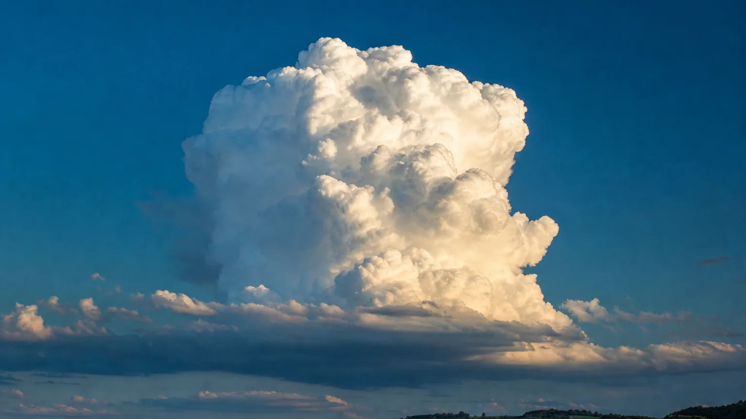 Un gros cumulus blanc aux contours nets flottant dans un ciel bleu d'été, sa base plate soulignée par la lumière et son sommet bombé montant en volutes.