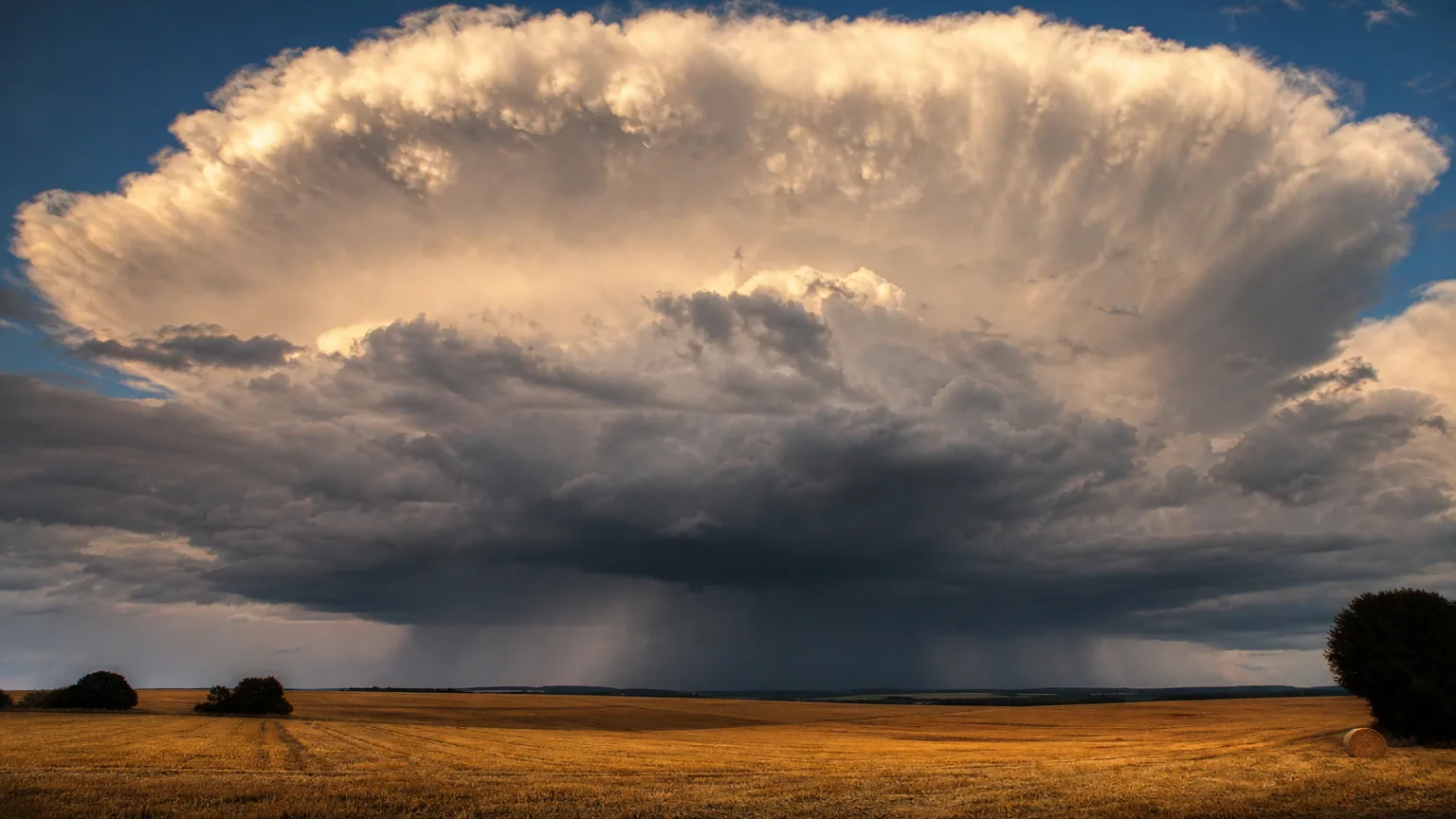 Immense cumulonimbus en forme d'enclume au-dessus d'une plaine dorée en fin d'après-midi d'été, base sombre et sommet éclairé par le soleil bas.