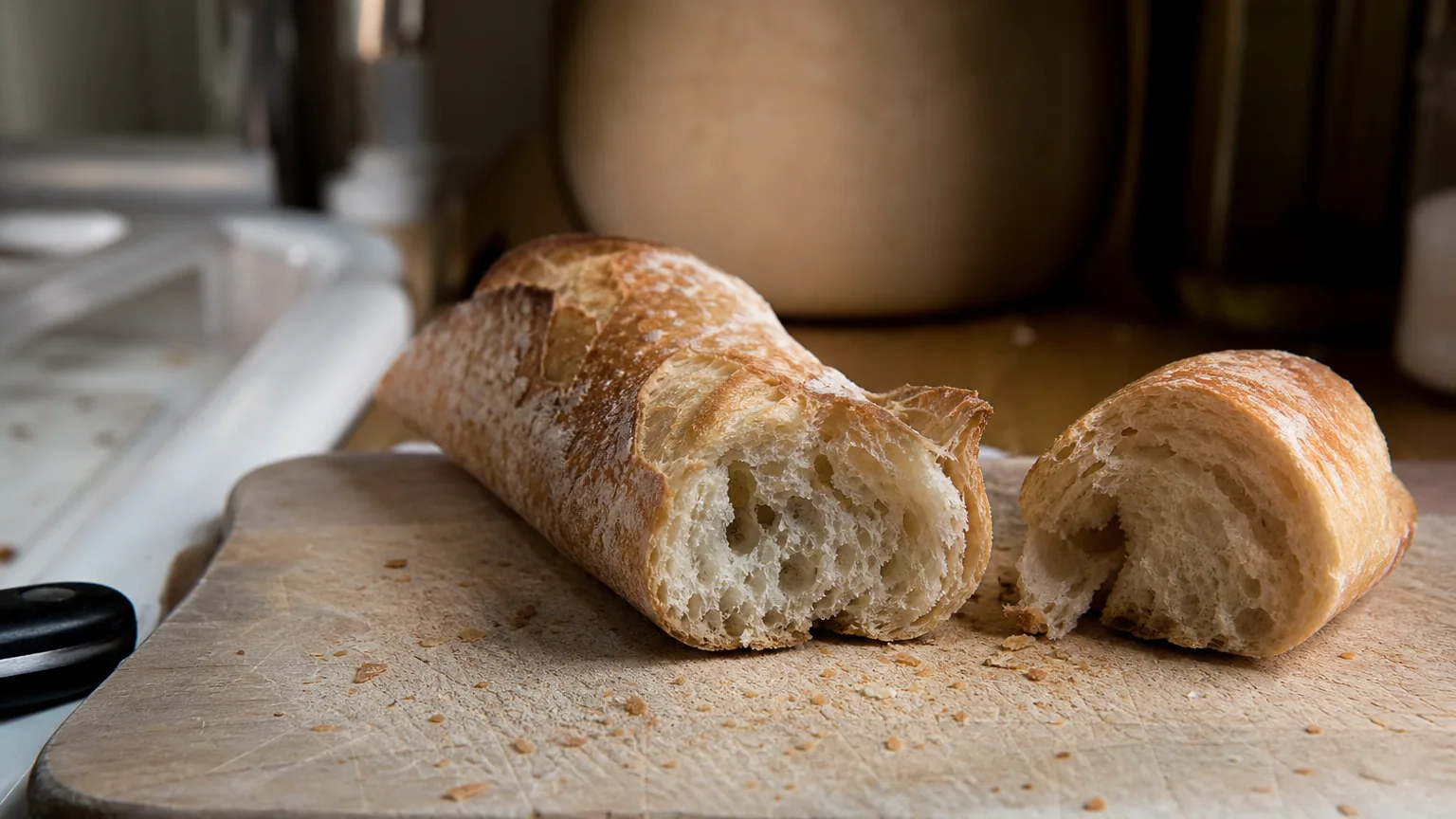 Une demi-baguette rassise posée sur une planche en bois, la mie sèche et les alvéoles visibles dans une cuisine baignée de lumière.