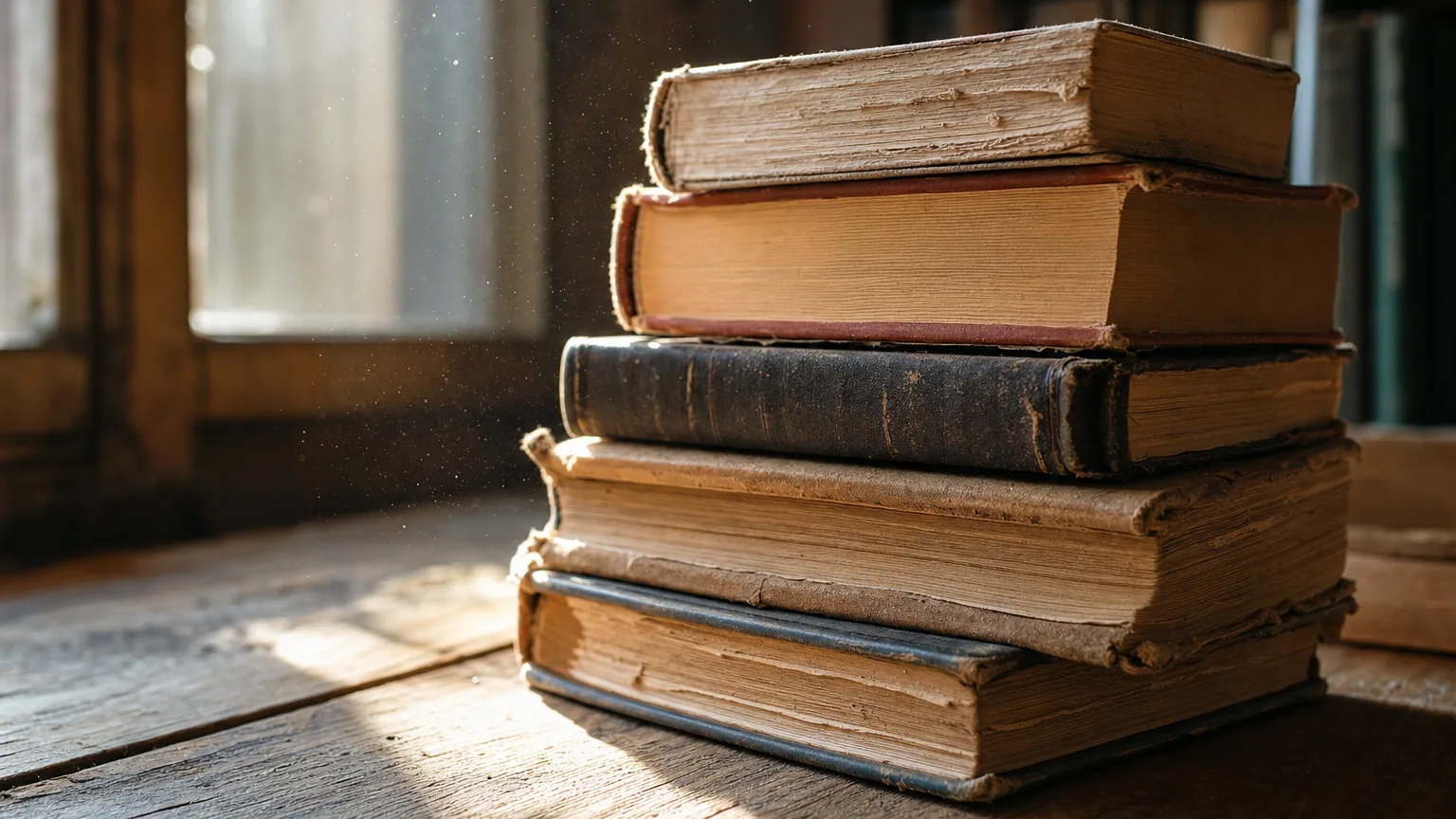 Pile de vieux livres aux pages jaunies éclairés par la lumière d'une fenêtre, poussière en suspension.