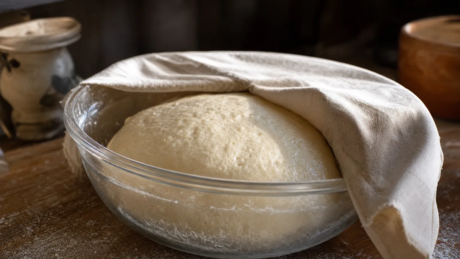 Boule de pâte à pain en train de lever dans un saladier en verre, recouverte d'un torchon, sur un plan de travail fariné.