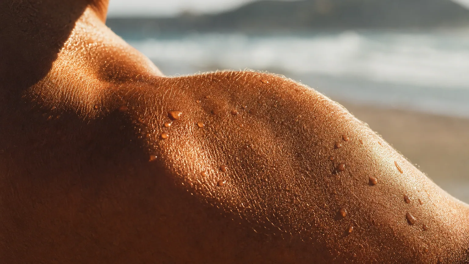 Gros plan sur une épaule et un bras bronzés par le soleil d'été, peau dorée aux reflets cuivrés, lumière chaude de fin d'après-midi, grain de peau net et réaliste.
