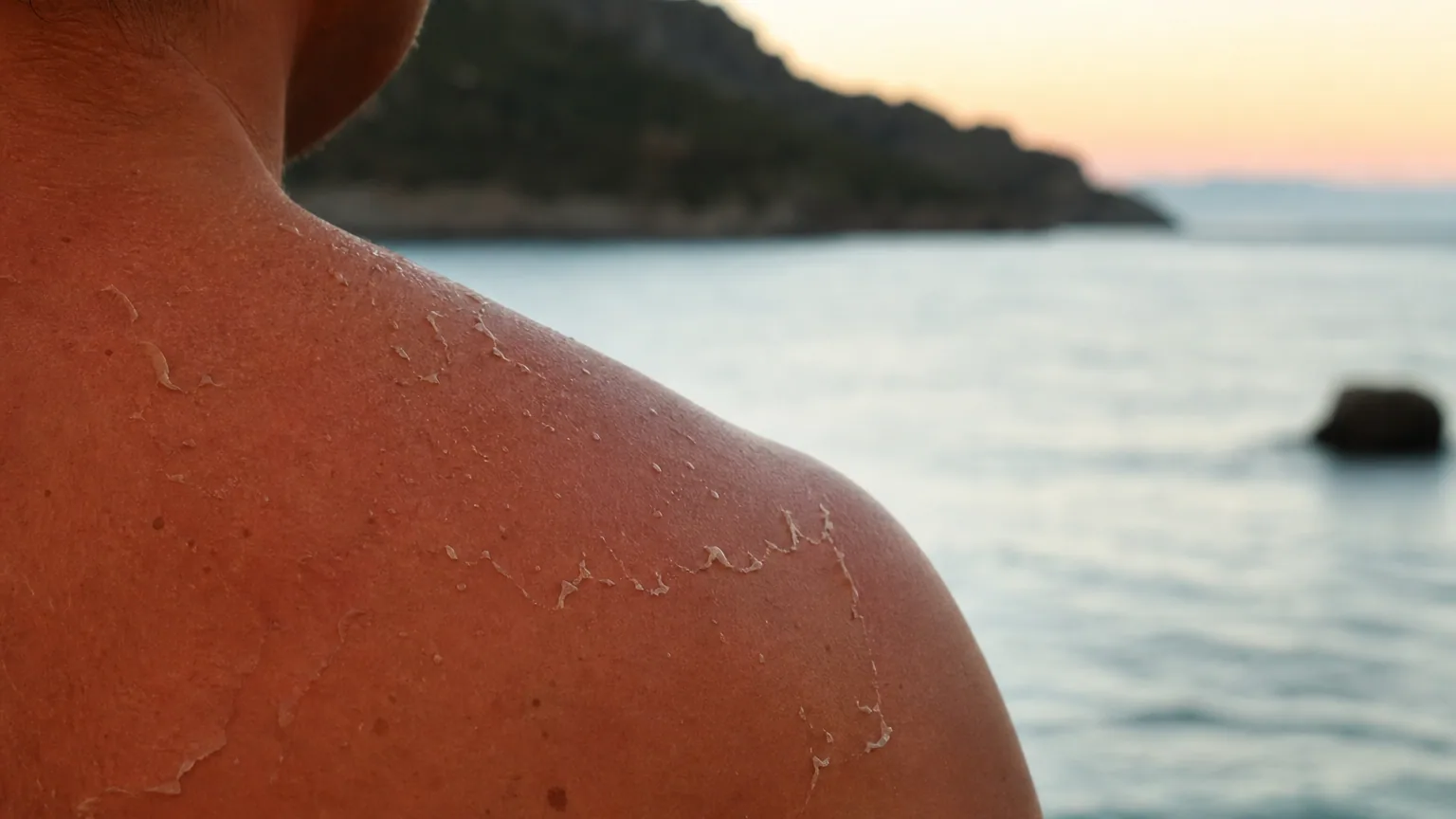 Gros plan sur une épaule bronzée après une exposition au soleil, la peau superficielle commençant à se détacher en fines pellicules dans une lumière estivale.