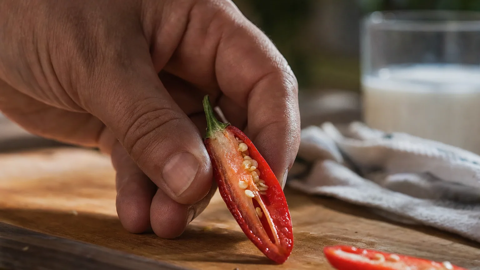 Un piment rouge coupé en deux tenu à la main au-dessus d'une planche, avec un verre de lait flou en arrière-plan.