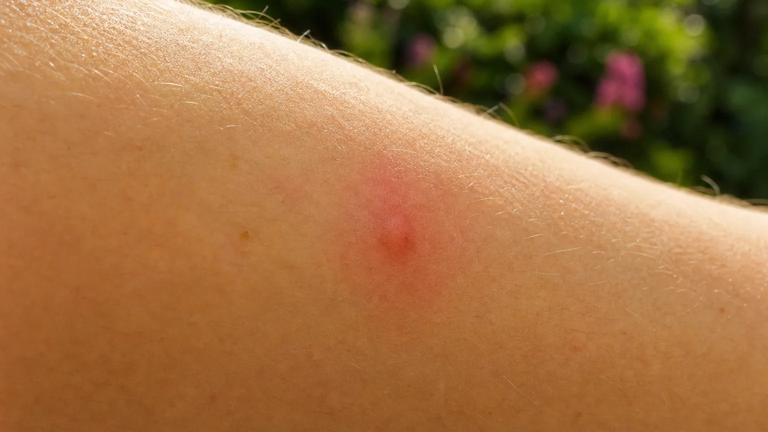 Gros plan ultra net sur un avant-bras humain au soleil, avec une petite boursouflure rouge et gonflée typique d'une piqûre de moustique sur la peau.