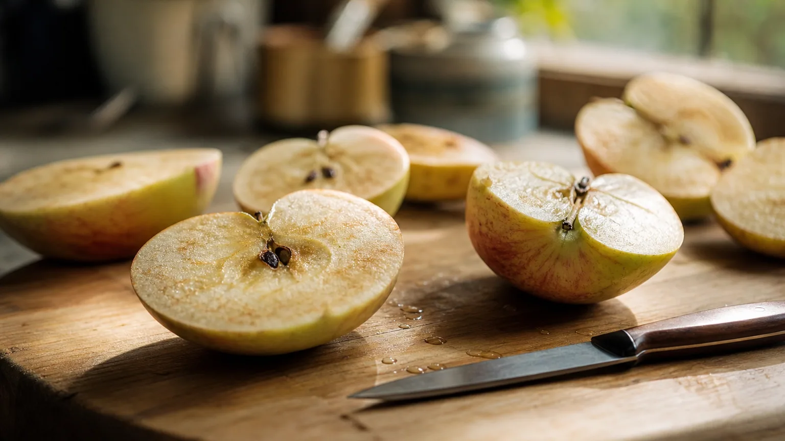 Moitiés de pomme fraîchement coupées sur une planche en bois, la chair claire commençant à peine à brunir près de la fenêtre.