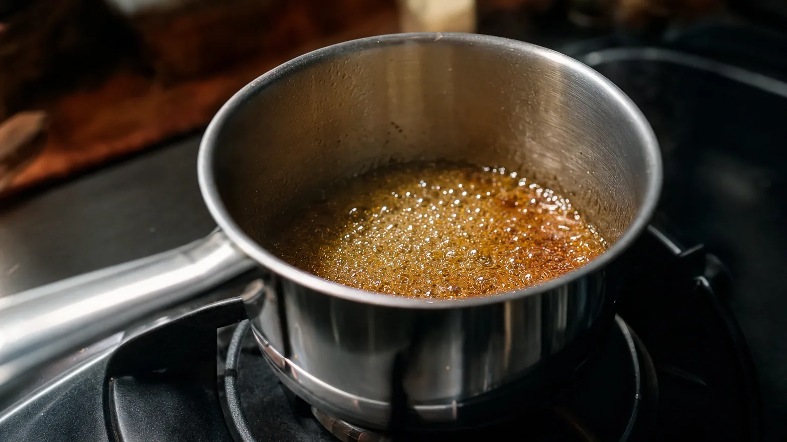 Du sucre fondu vire à l'ambré dans une casserole en inox sur une plaque de cuisson, avec de fines bulles à la surface.