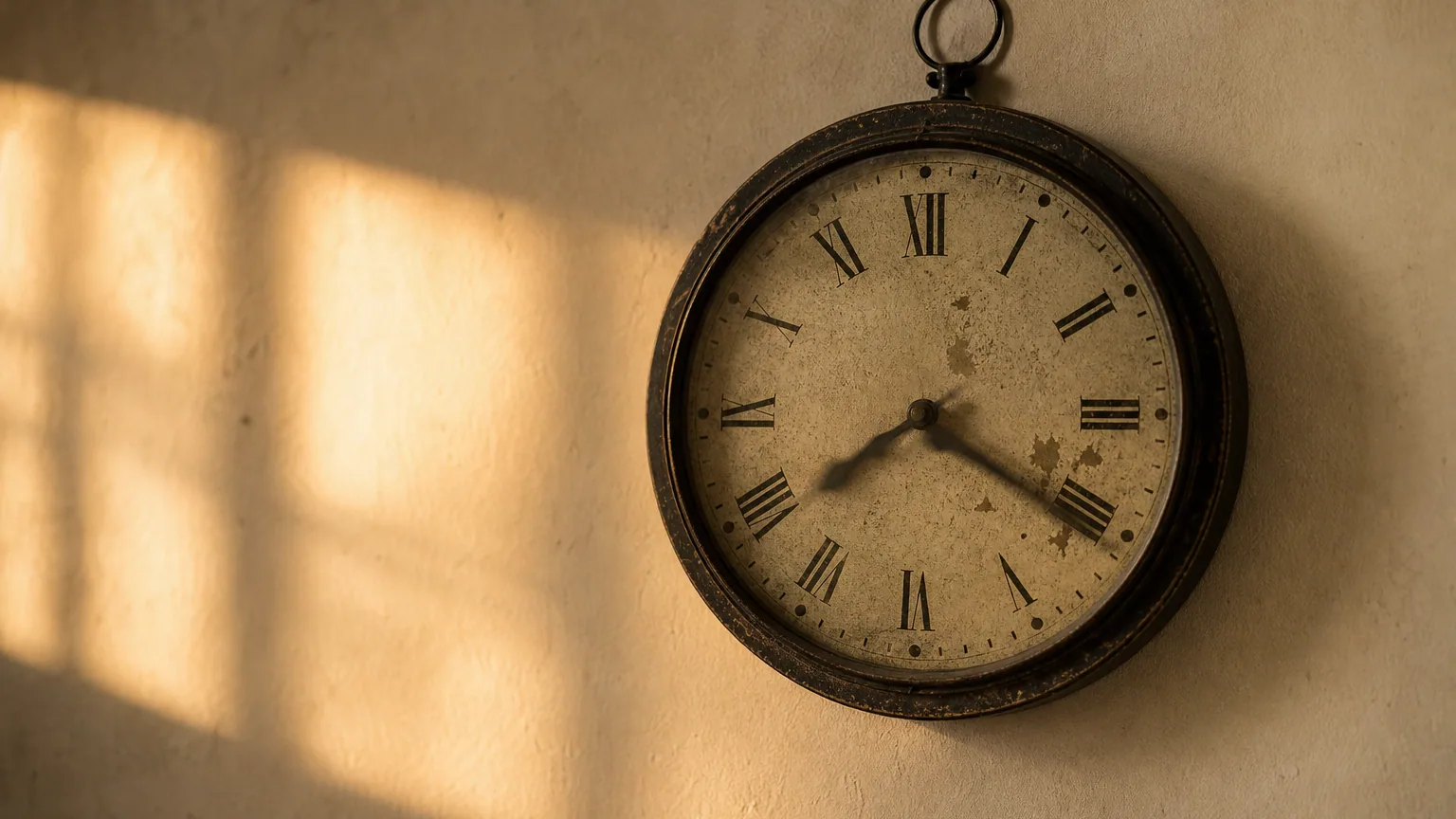 Une horloge murale ancienne au cadran légèrement flou, dans la lumière dorée de fin de journée qui entre par une fenêtre, laissant deviner le mouvement des aiguilles.