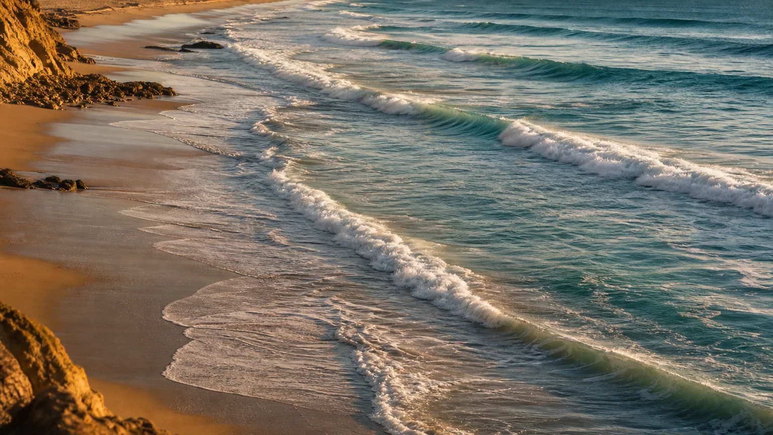 Vue depuis une plage de sable de longues vagues déferlant en lignes régulières parallèles au rivage sous une lumière dorée de fin de journée, écume blanche sur l'eau turquoise.