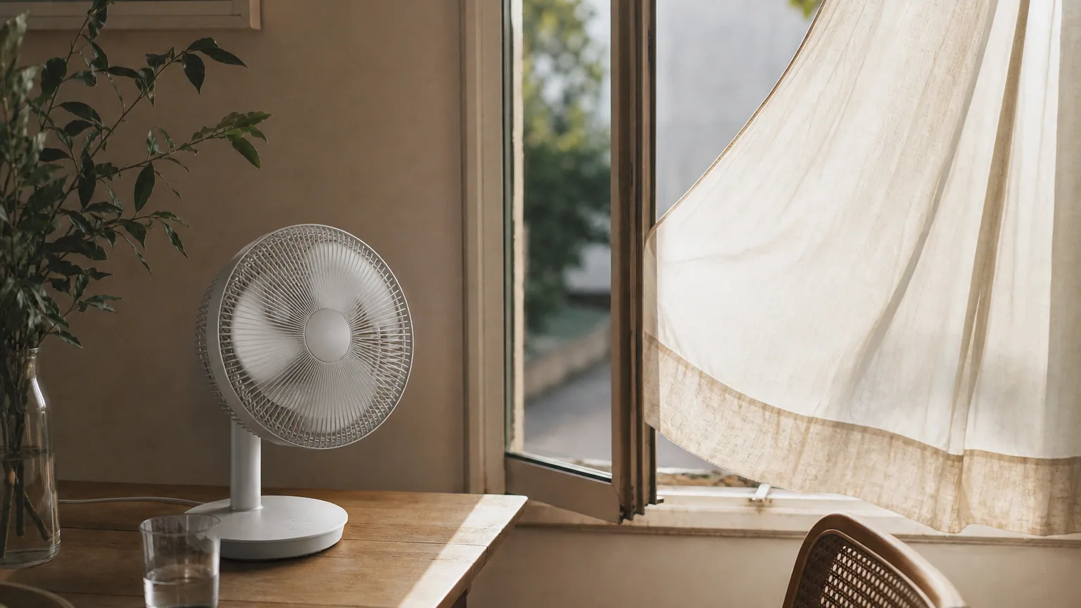 Ventilateur blanc posé sur une table près d'une fenêtre ensoleillée, les pales en mouvement flou, un intérieur clair et estival baigné de lumière chaude.