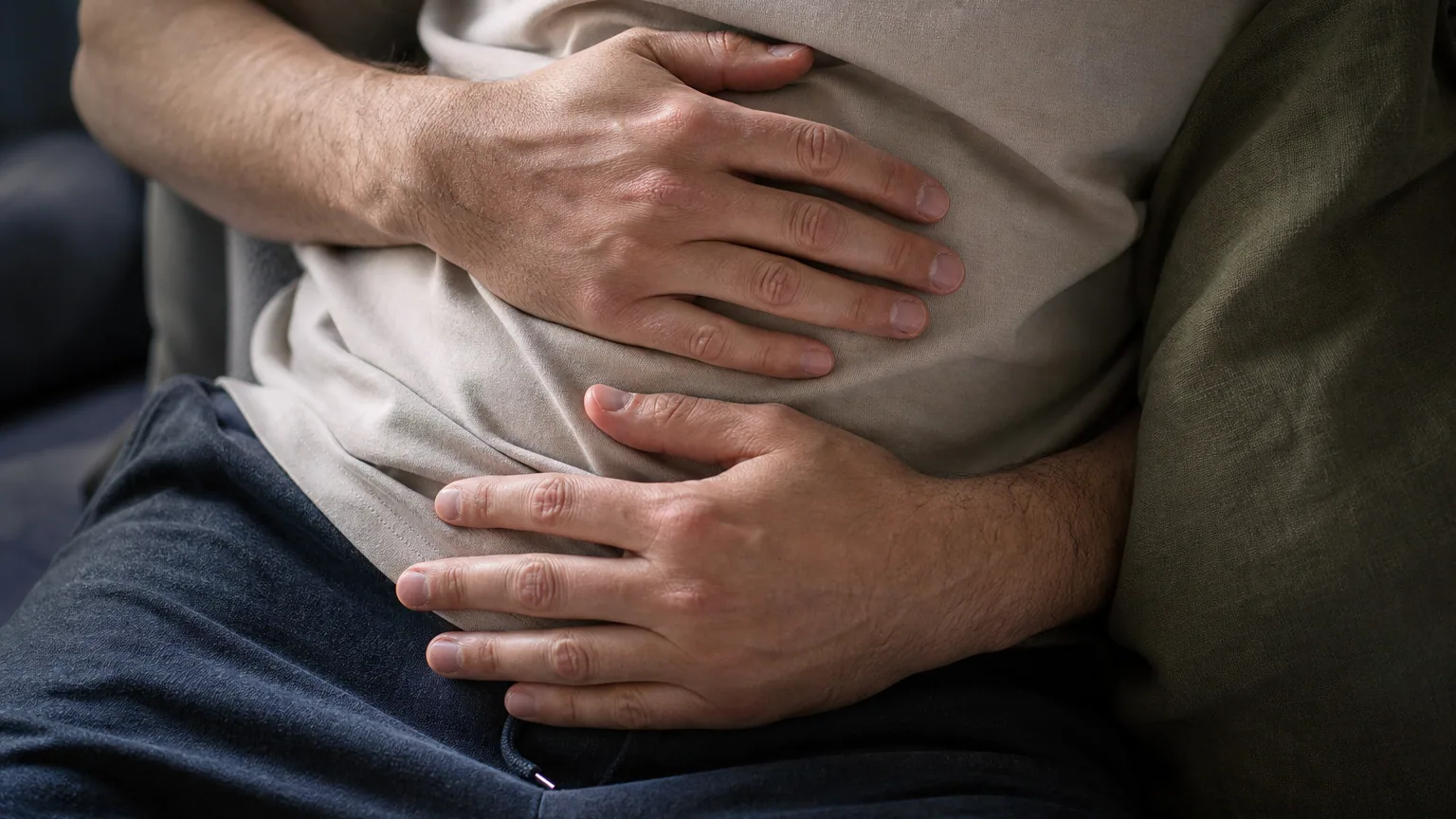 Gros plan sur le ventre d'une personne assise, les mains posées sur l'abdomen par-dessus un tee-shirt clair, dans une lumière douce d'intérieur.