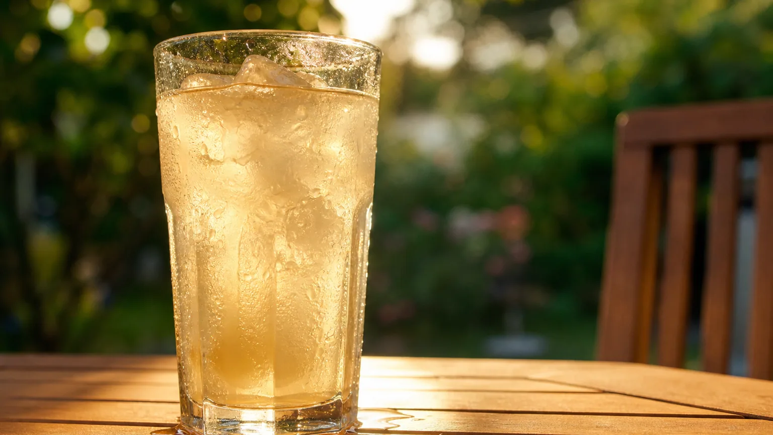 Gros plan sur un verre de boisson glacée posé sur une table de jardin en plein été, couvert de fines gouttes de condensation, dans une lumière chaude de fin d'après-midi.