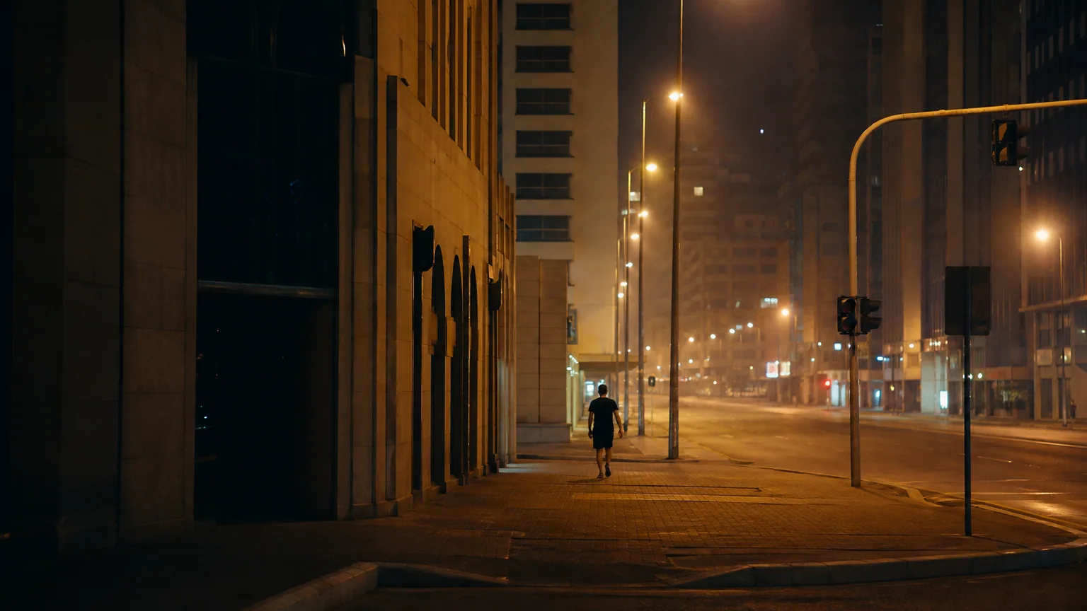 Vue d'une rue de ville la nuit en été, immeubles de béton et façades sombres encore éclairés, chaleur visible dans l'air au-dessus du bitume, sans végétation, ambiance chaude et minérale.