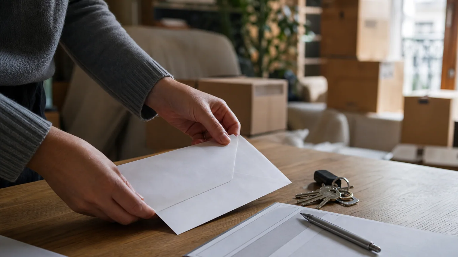 Personne glissant une lettre dans une enveloppe sur une table, à côté de cartons de déménagement et d'un trousseau de clés.