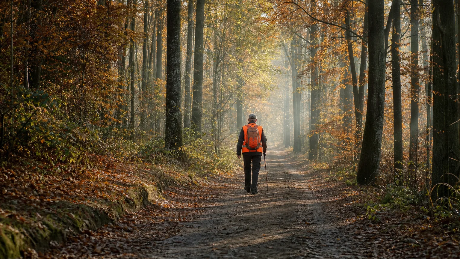 Randonneur vu de dos portant un gilet orange fluorescent sur son sac à dos, sur un chemin forestier bordé d'arbres aux feuilles dorées en automne.