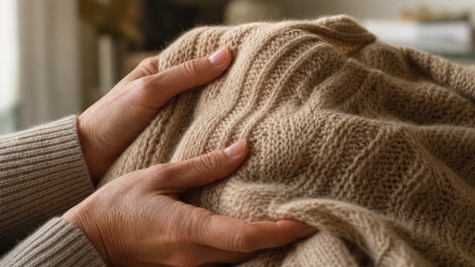 Gros plan de mains qui touchent la texture d'un pull en laine tricotée, lumière naturelle chaude, fibres visibles en détail.