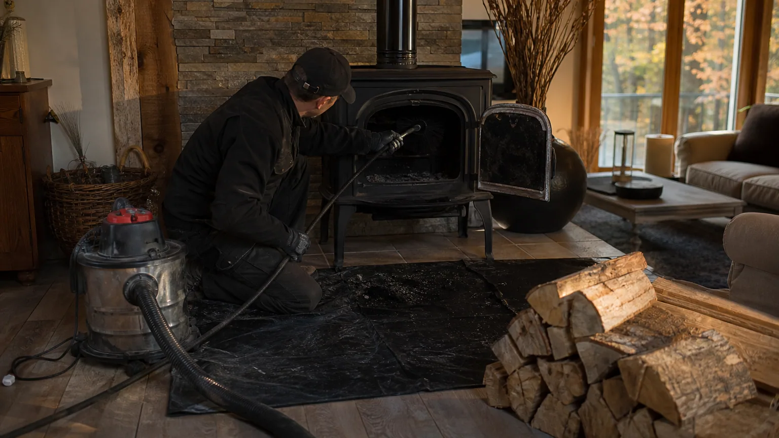 Ramoneur accroupi devant un poêle à bois ouvert, nettoyant le conduit avec une longue tige flexible, aspirateur à cendres et bâche de protection au sol.