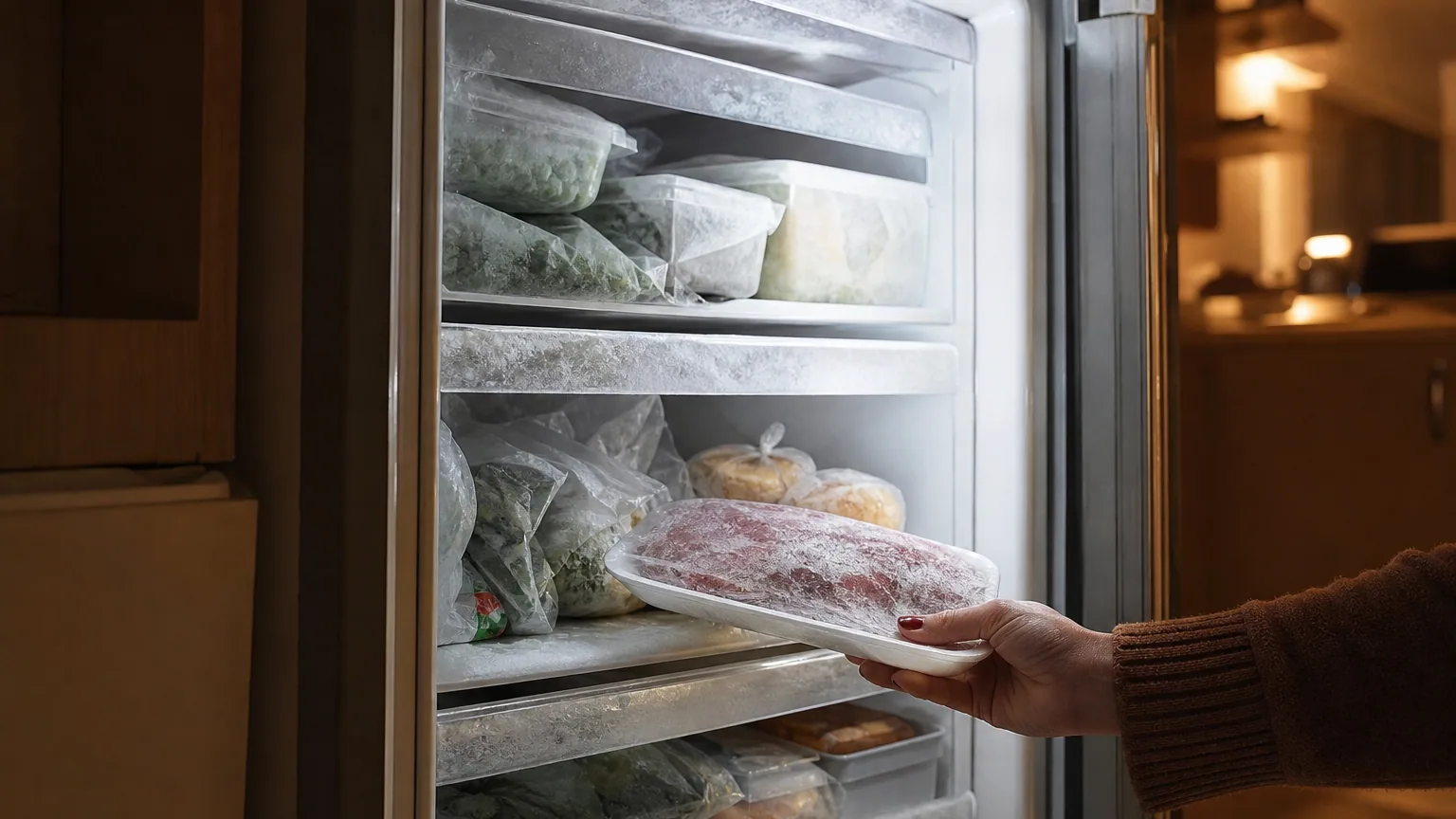 Main sortant une barquette de viande givrée d'un congélateur rempli de sachets et de boîtes d'aliments surgelés.
