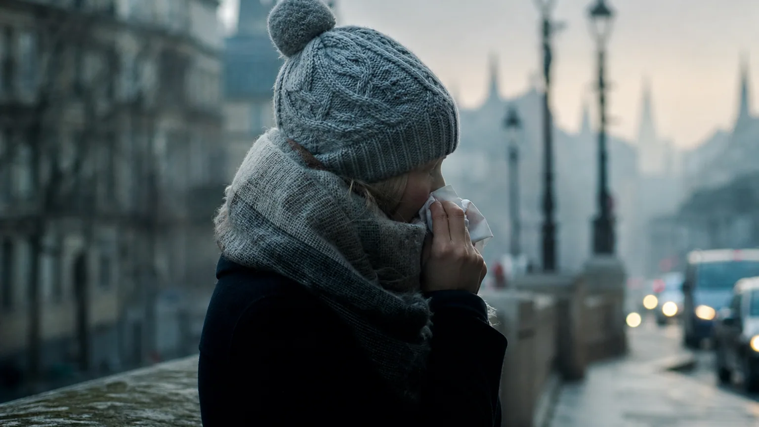 Personne emmitouflée dans une écharpe, tenant un mouchoir près du nez dans une rue froide et brumeuse d'hiver.