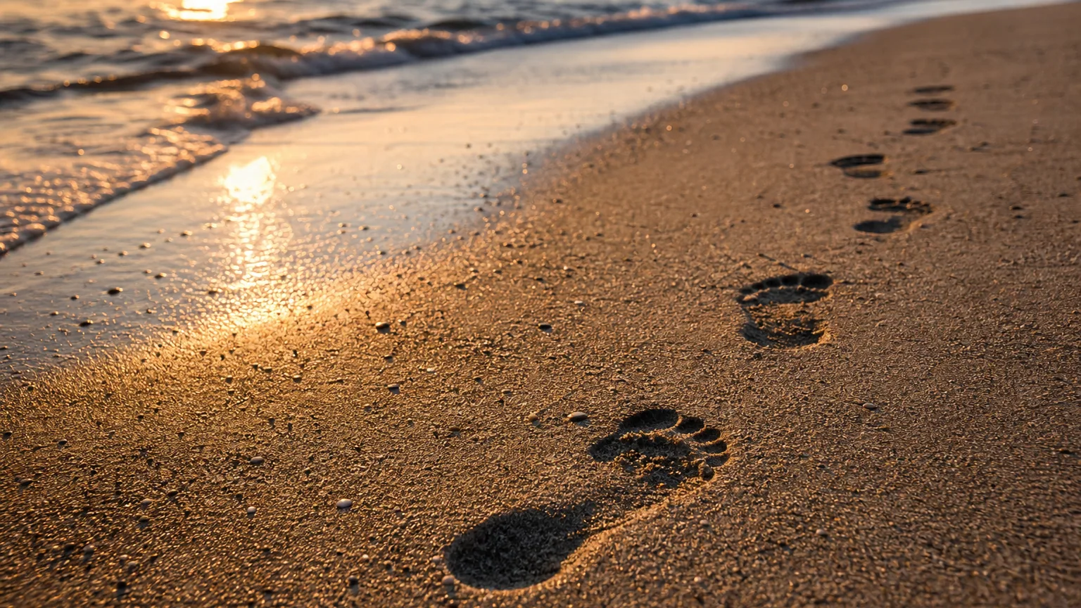 Empreintes de pas nettes sur du sable mouillé près du rivage, lumière dorée de fin de journée, vagues floues en arrière-plan.