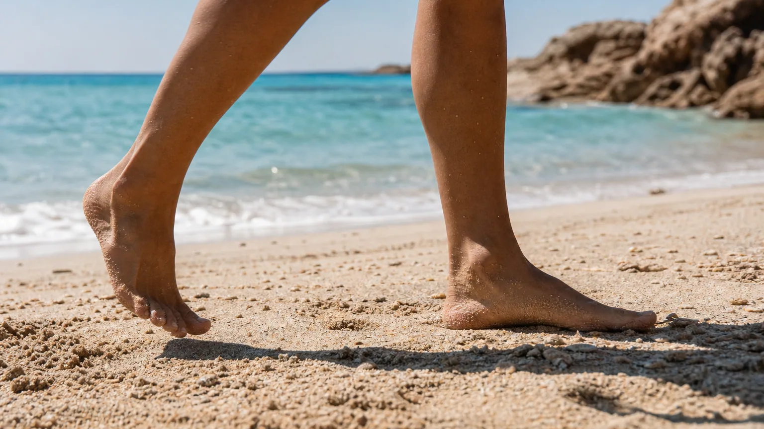 Des pieds nus marchant vite sur du sable clair et brûlant en plein midi d'été, la mer turquoise et fraîche en arrière-plan sous un soleil éclatant.