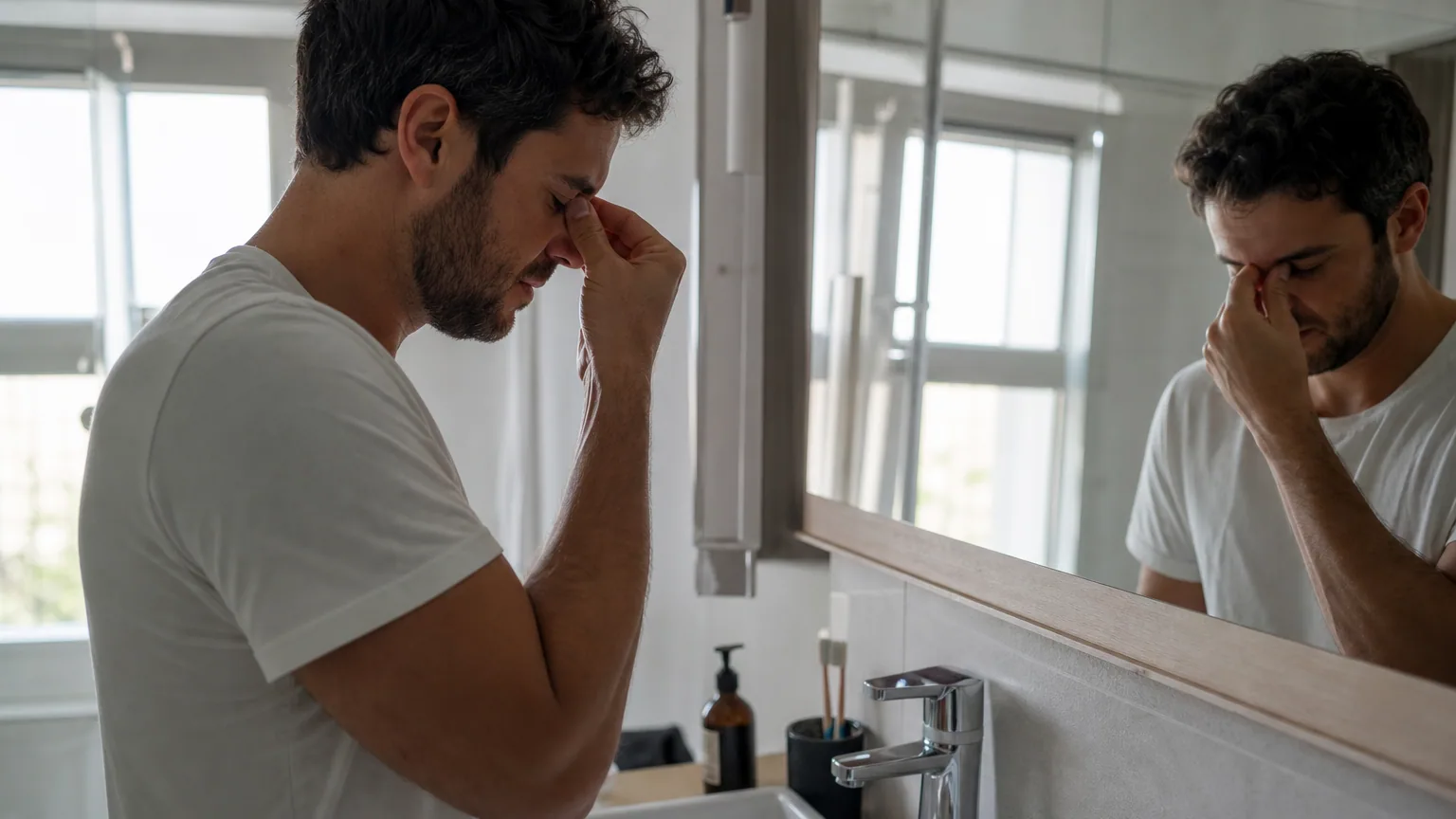 Personne penchée légèrement en avant qui se pince le nez avec les doigts, lumière naturelle douce dans une salle de bains.