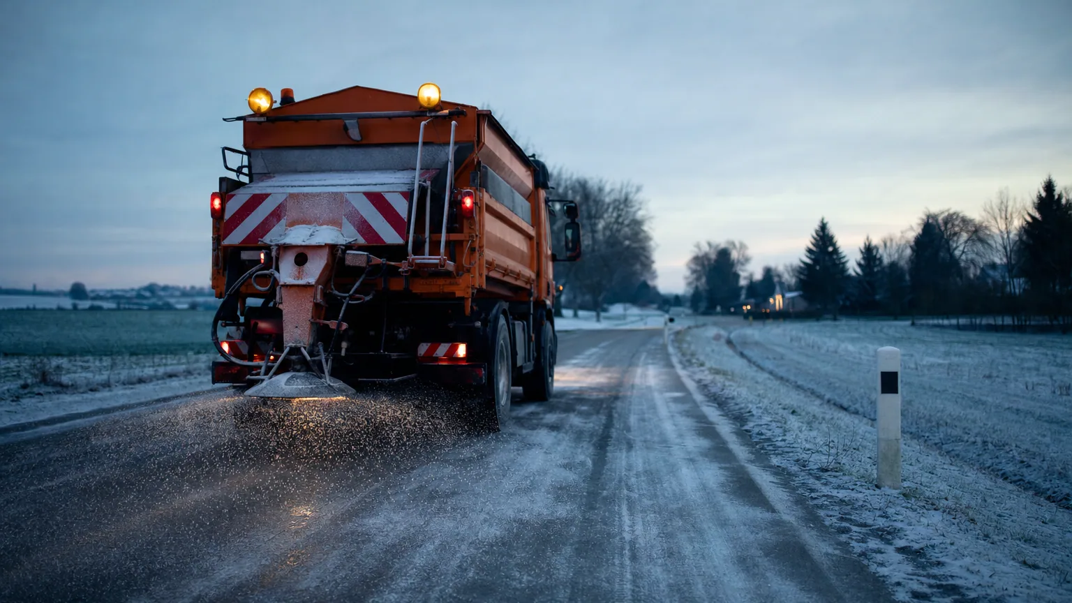 Une saleuse orange épand du sel sur une route verglacée au petit matin en hiver.