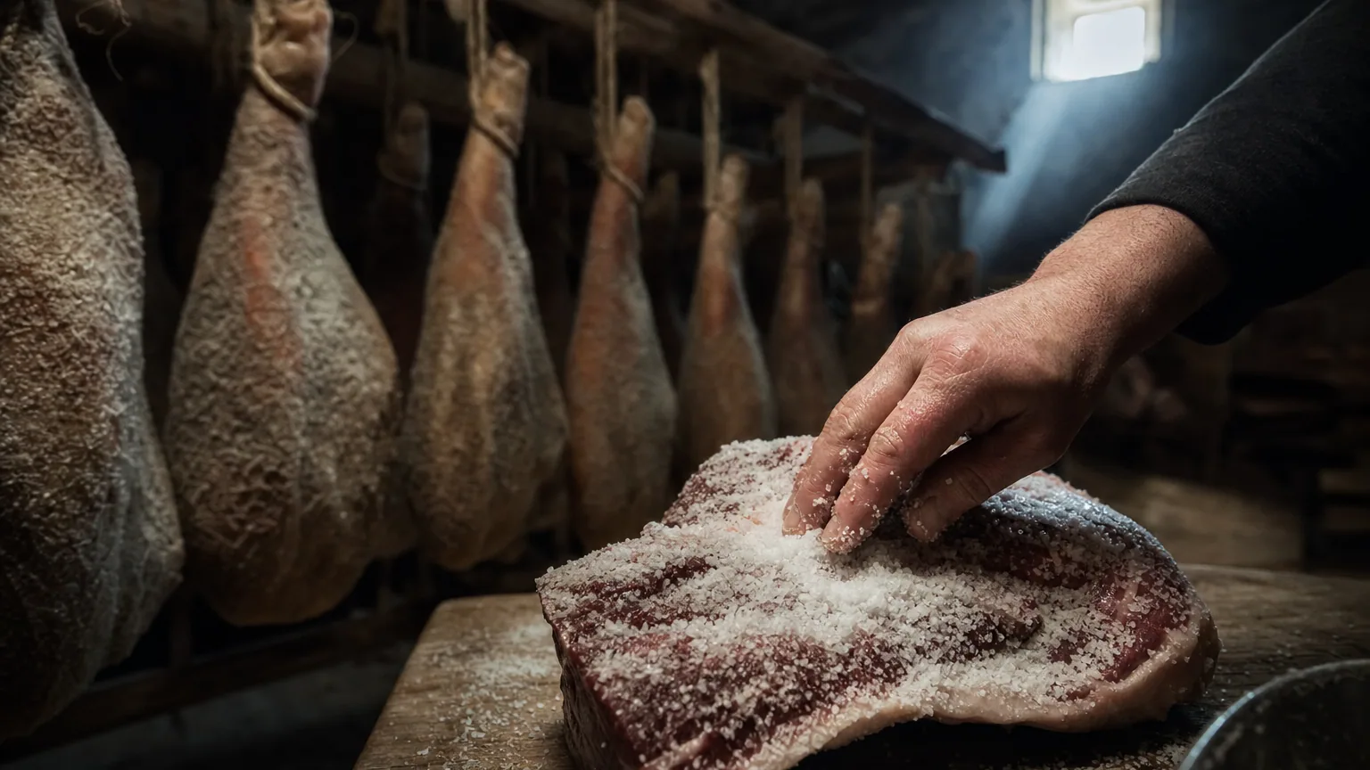 Jambons recouverts de sel suspendus dans une cave de salaison artisanale, un charcutier frottant du gros sel sur une pièce de viande.